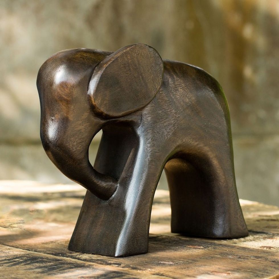 Hand Carved Raintree Wood Sculpture from Thailand 'Thai Elephant'