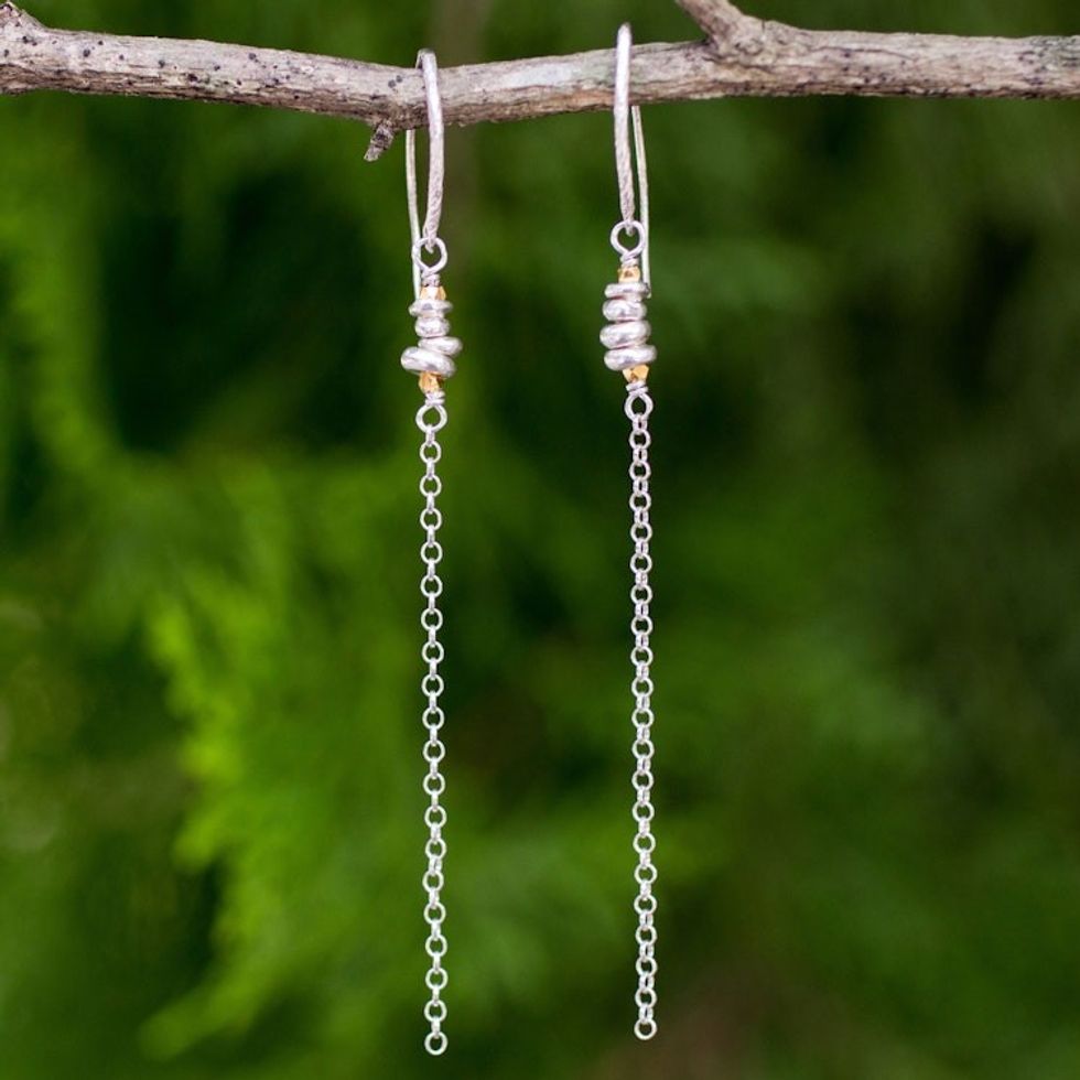 Long Chain Dangle Earrings in Sterling with Gold Accents 'Rain Chain'