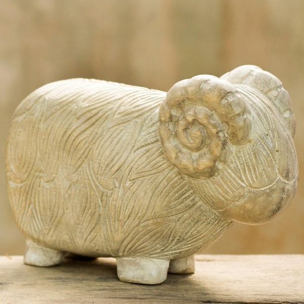 Alternate image for Hand Made Wood Sculpture of a Rustic Sheep from Thailand Woolly Sheep