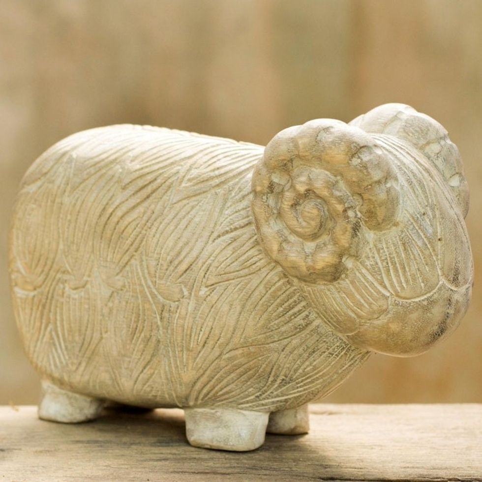 Hand Made Wood Sculpture of a Rustic Sheep from Thailand 'Woolly Sheep'