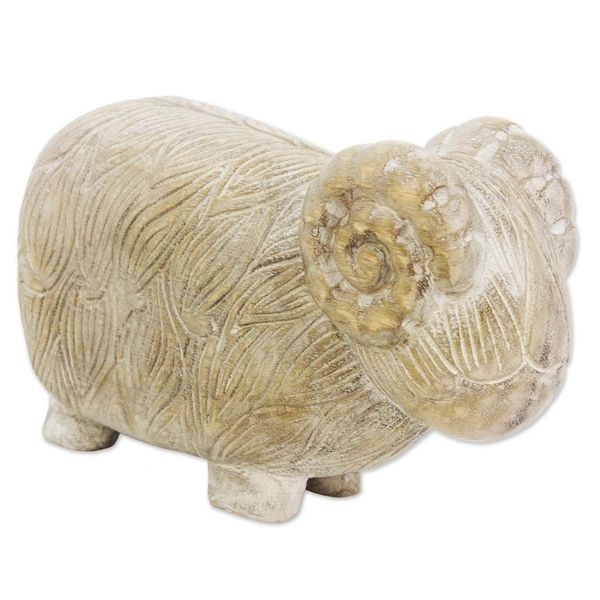 Alternate image for Hand Made Wood Sculpture of a Rustic Sheep from Thailand Woolly Sheep