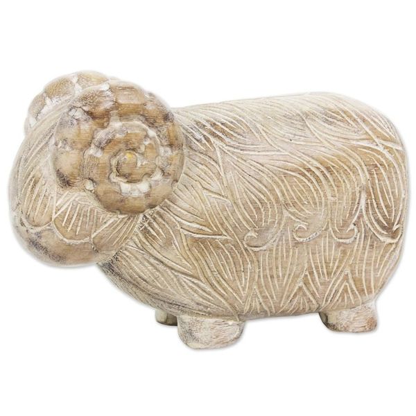 Alternate image for Hand Made Wood Sculpture of a Rustic Sheep from Thailand Woolly Sheep