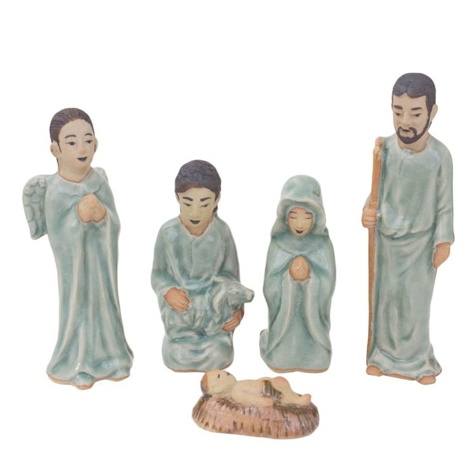 Hand Crafted Celadon Ceramic Nativity Statuettes set of 5 'Blessed Nativity'