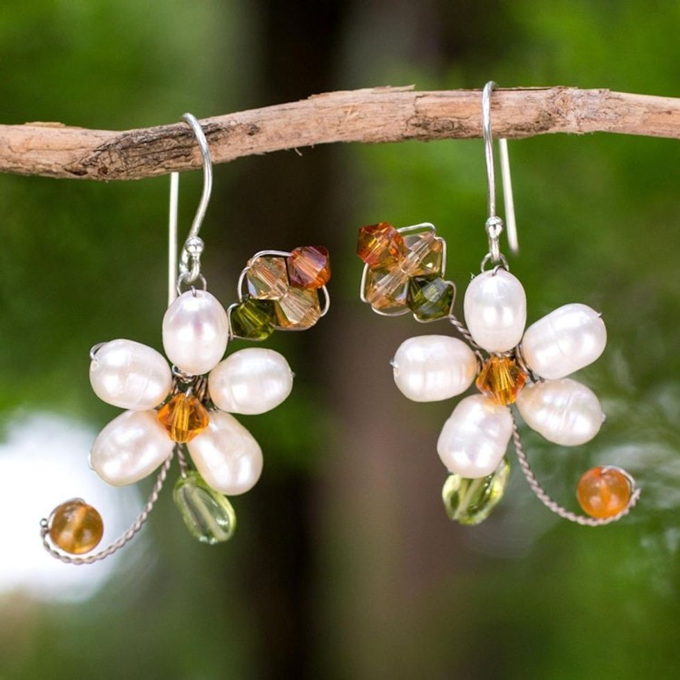 Pearls and Gems Earrings Artisan Crafted Thai Jewelry 'Frangipani Glam'