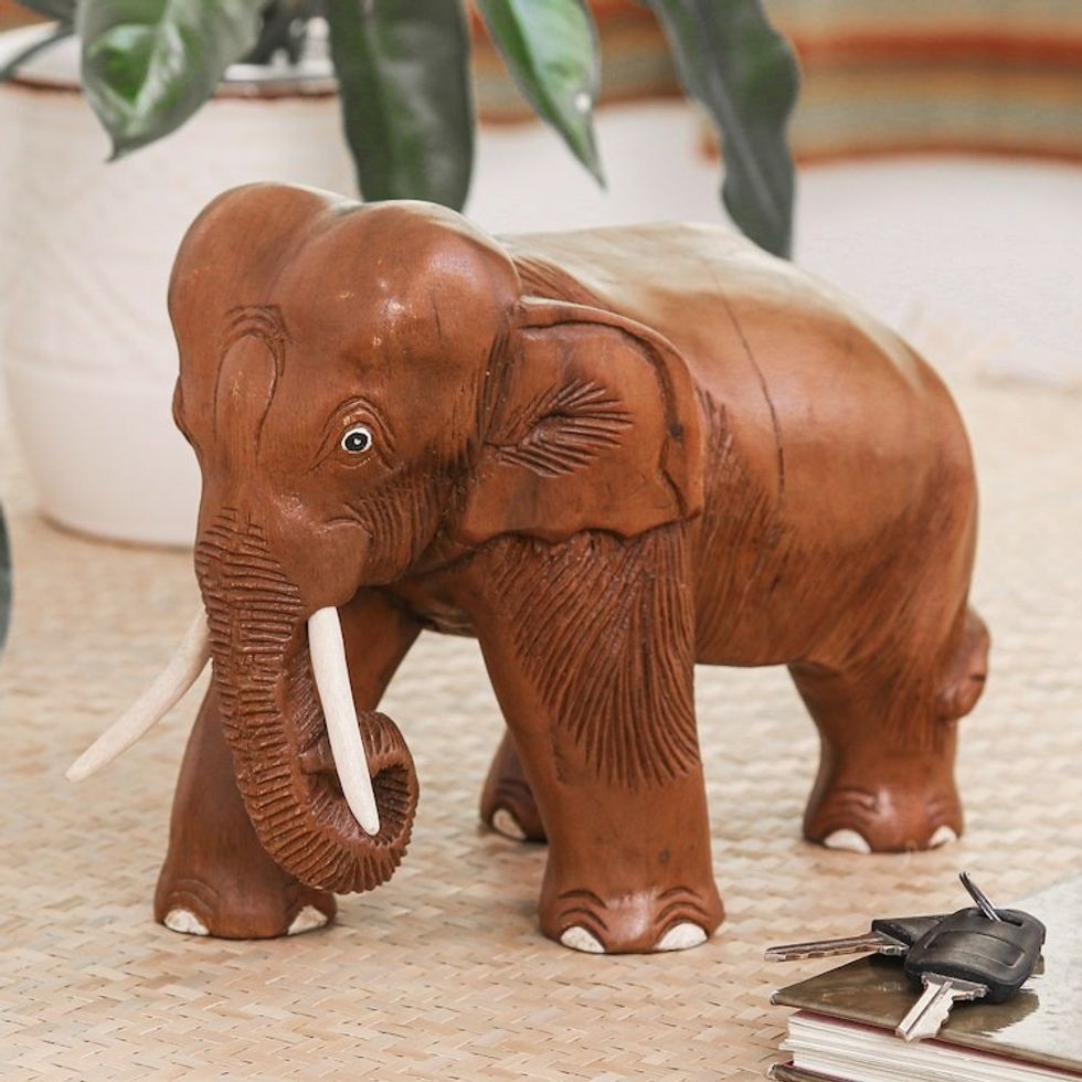 Rain Tree Wood Sculpture from Thailand 'Majestic Elephant'