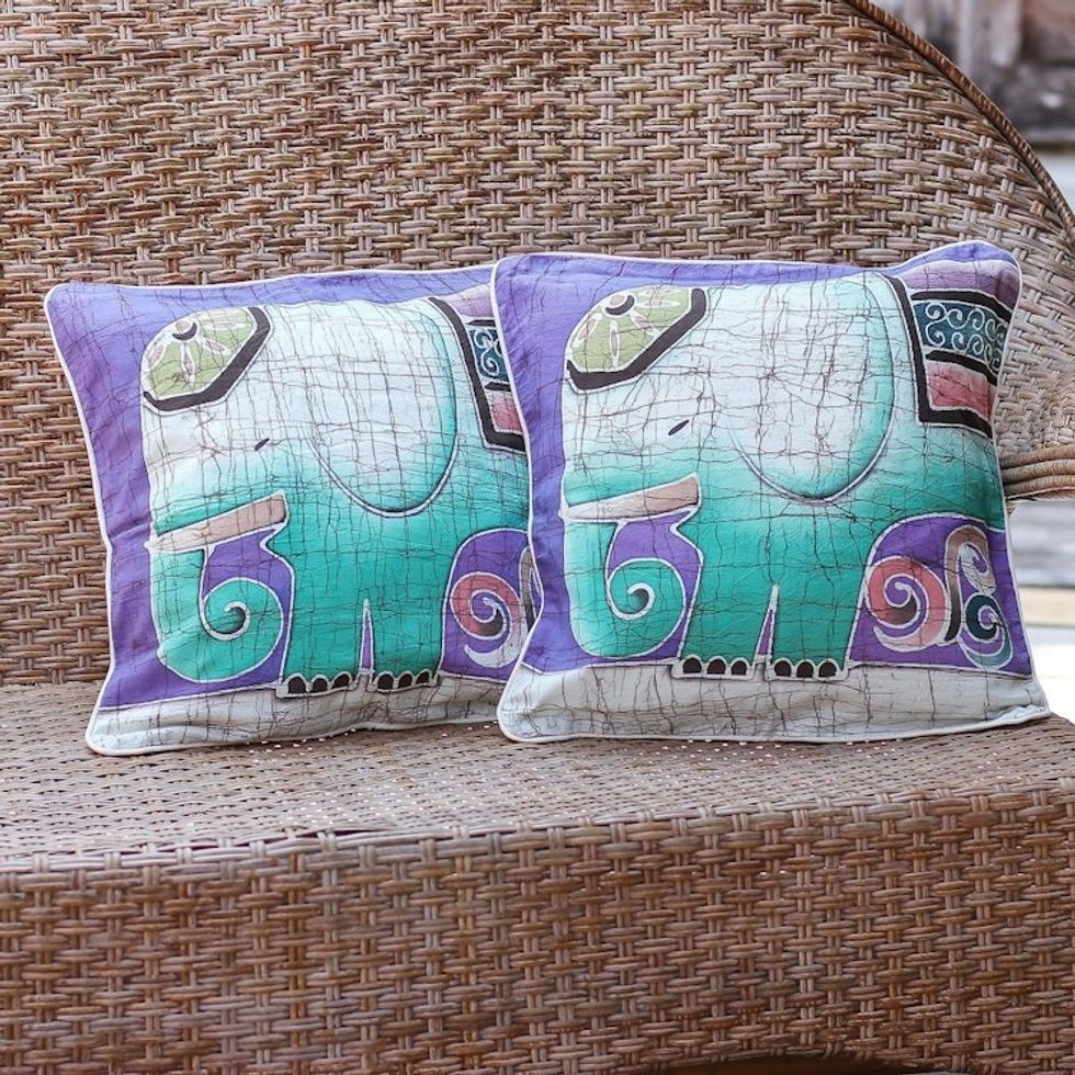 Handcrafted Batik Cotton Cushion Covers Pair 'Dreamy Elephants'