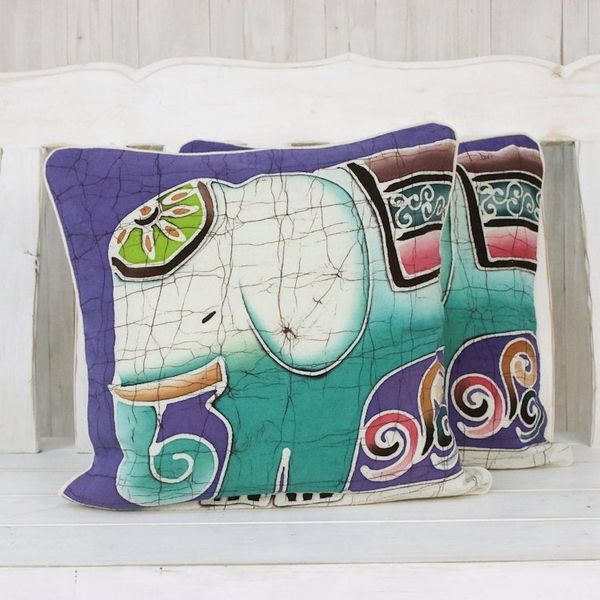Alternate image for Handcrafted Batik Cotton Cushion Covers Pair Dreamy Elephants