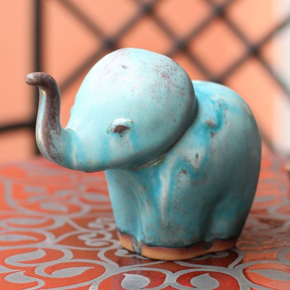 Celadon Ceramic Figurine 'Turquoise Elephant Child'
