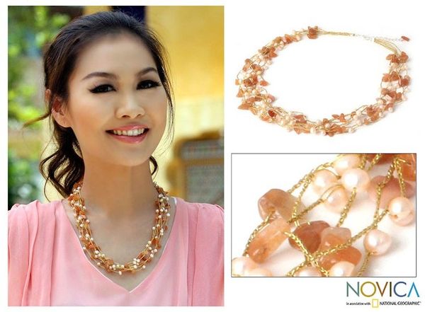 Alternate image for Hand Crafted Beaded Aventurine and Pearl Necklace Afternoon Glow