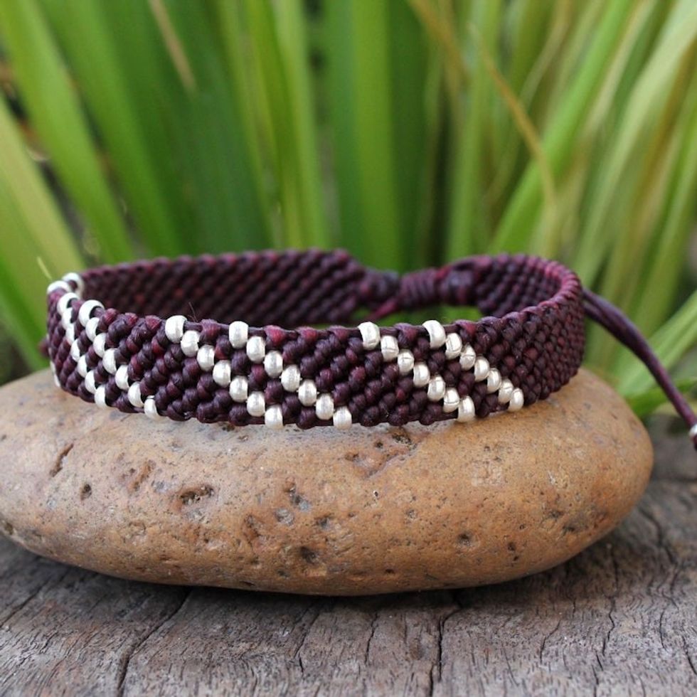 Hill Tribe Silver Wristband Bracelet 'Diagonal Mulberry'