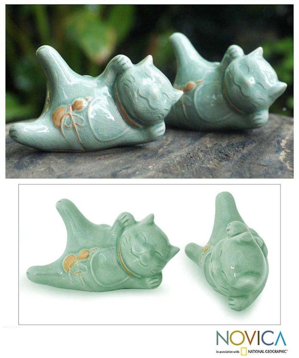 Celadon Ceramic Sculptures Pair 'Lucky Cats at Play'