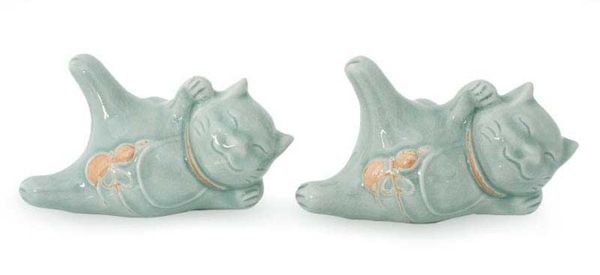 Alternate image for Celadon Ceramic Sculptures Pair Lucky Cats at Play