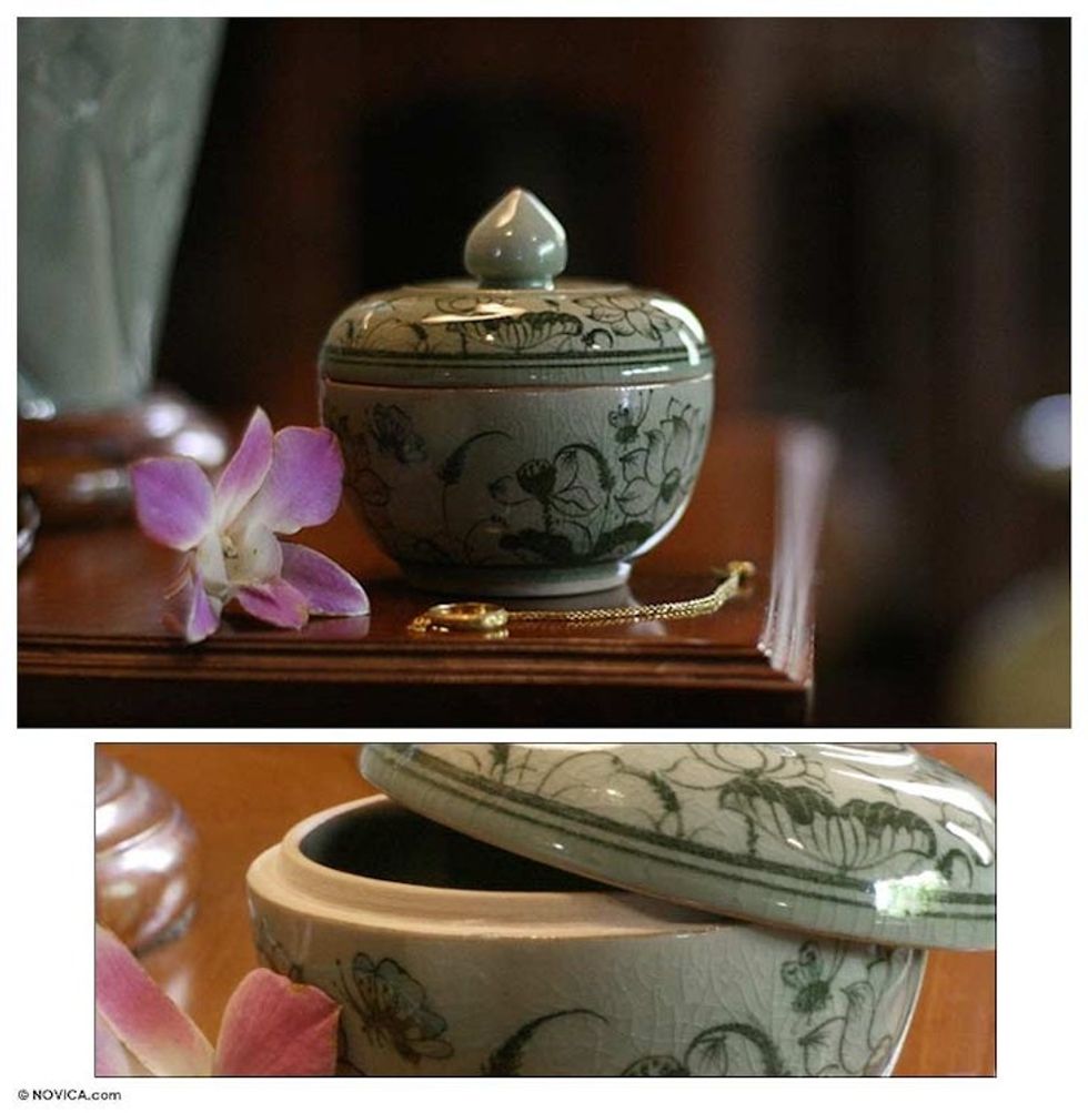 Celadon Ceramic Jewelry Box 'Spring Butterfly'