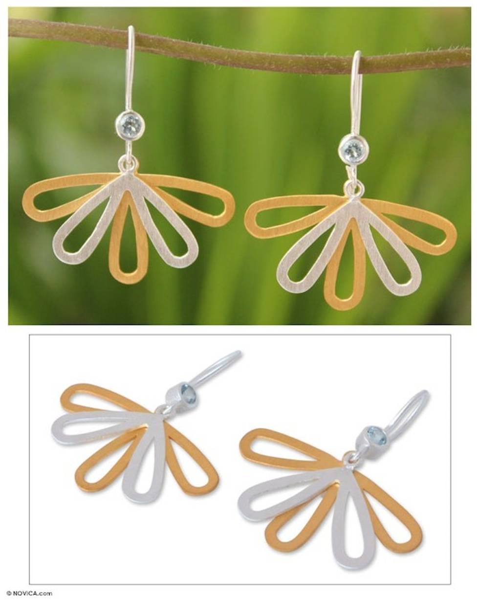 Gold Plated Blue Topaz Dangle Earrings 'Thai Daisy'