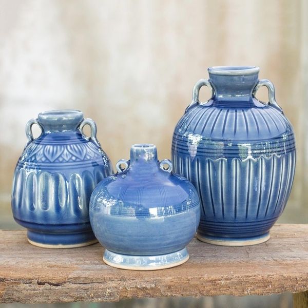 Alternate image for Celadon Ceramic Blue Vases Set of 3 Sawankhalok Sky