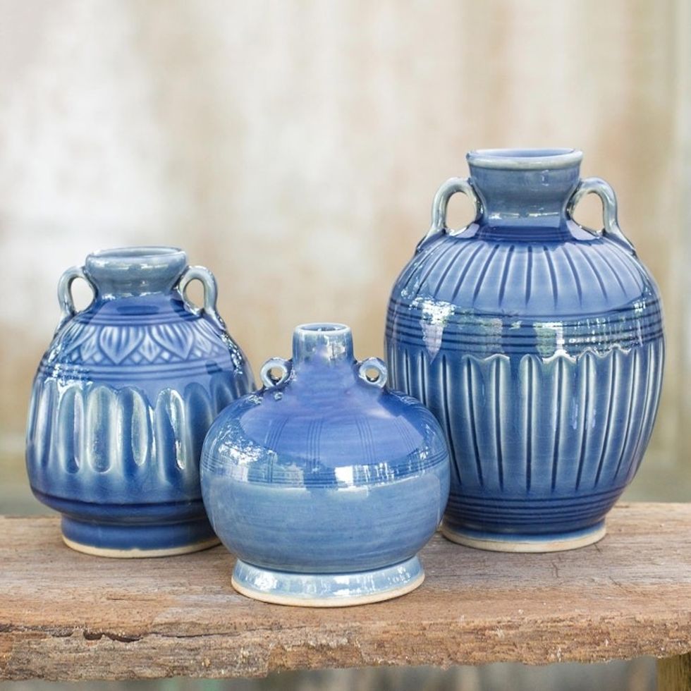 Celadon Ceramic Blue Vases Set of 3 'Sawankhalok Sky'