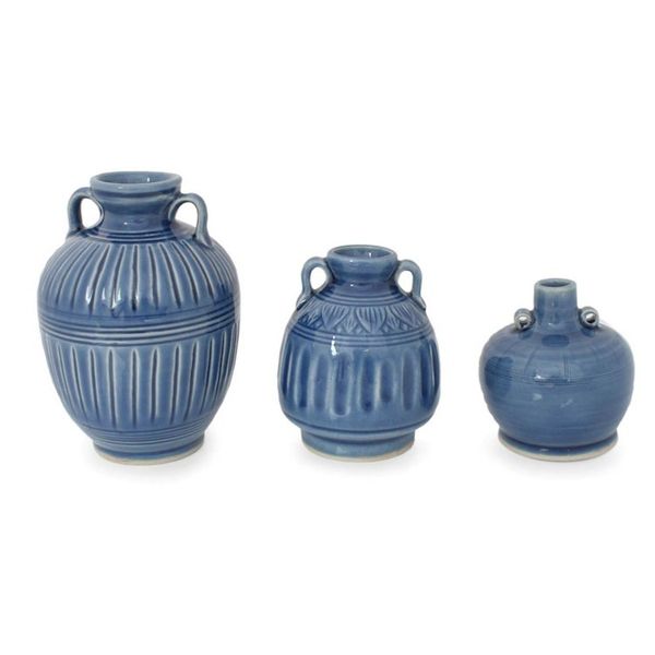 Alternate image for Celadon Ceramic Blue Vases Set of 3 Sawankhalok Sky