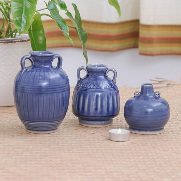 Alternate image for Celadon Ceramic Blue Vases Set of 3 Sawankhalok Sky