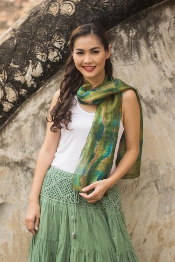 Alternate image for Tie Dye Green and Blue Silk Scarf from Thailand Green Thai River