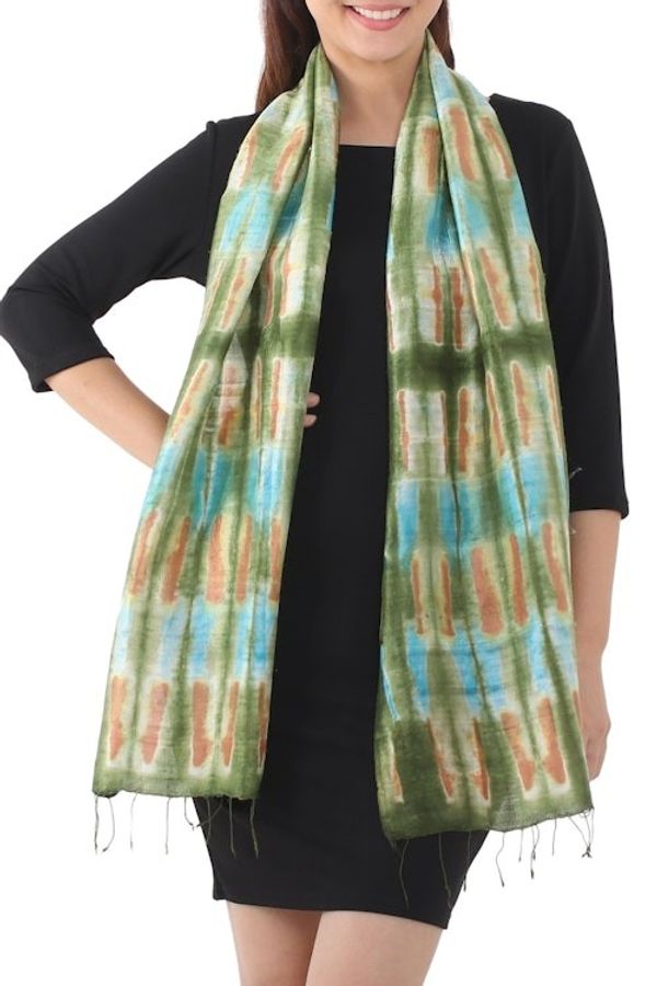 Alternate image for Tie Dye Green and Blue Silk Scarf from Thailand Green Thai River