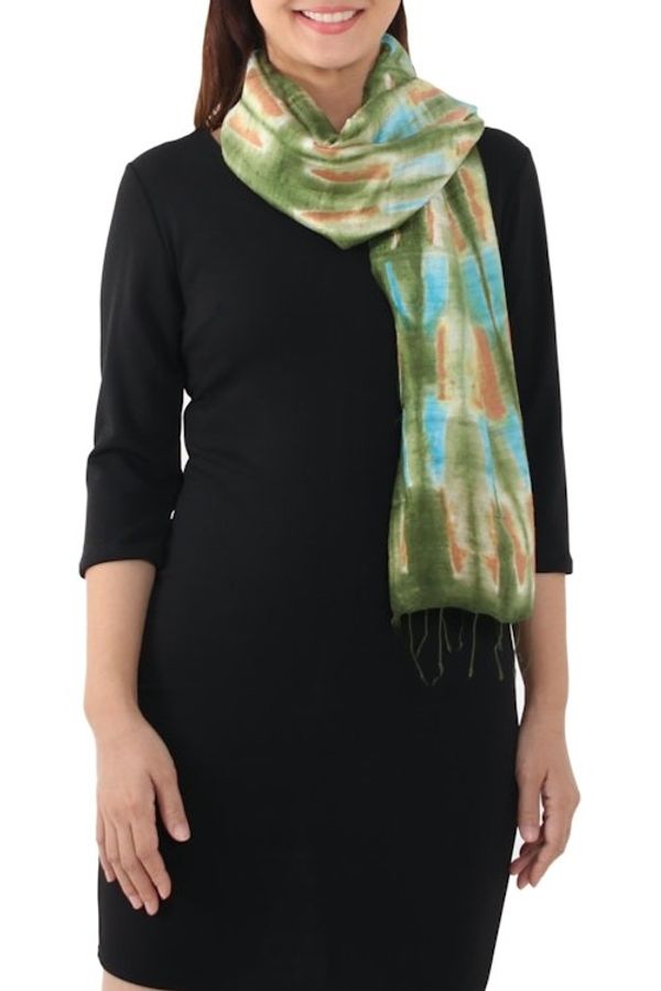 Alternate image for Tie Dye Green and Blue Silk Scarf from Thailand Green Thai River