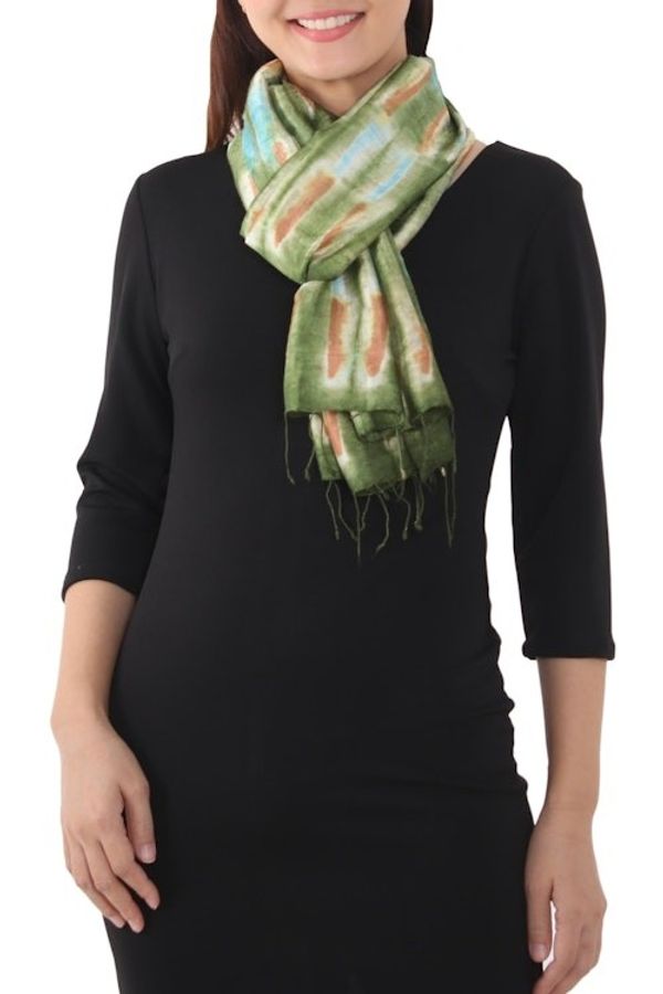 Alternate image for Tie Dye Green and Blue Silk Scarf from Thailand Green Thai River