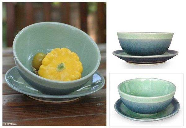 Alternate image for Celadon ceramic bowl and plate Marine