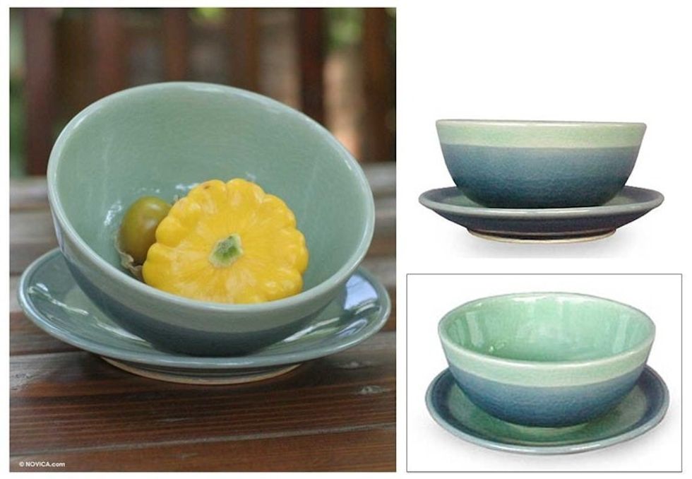 Celadon ceramic bowl and plate 'Marine'