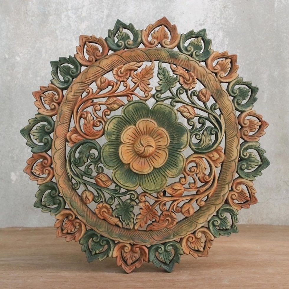 Handcrafted Teak Relief Panel 'Blossom Prayer'