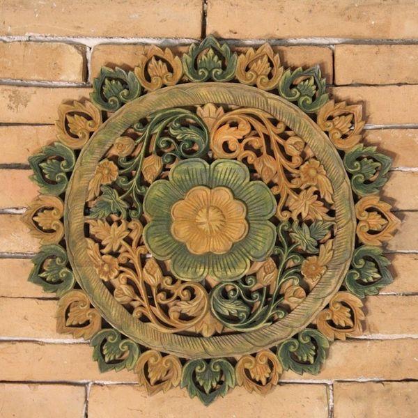 Alternate image for Handcrafted Teak Relief Panel Blossom Prayer