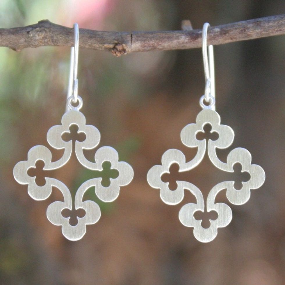 Thai Sterling Silver Dangle Earrings 'Floral Cross'
