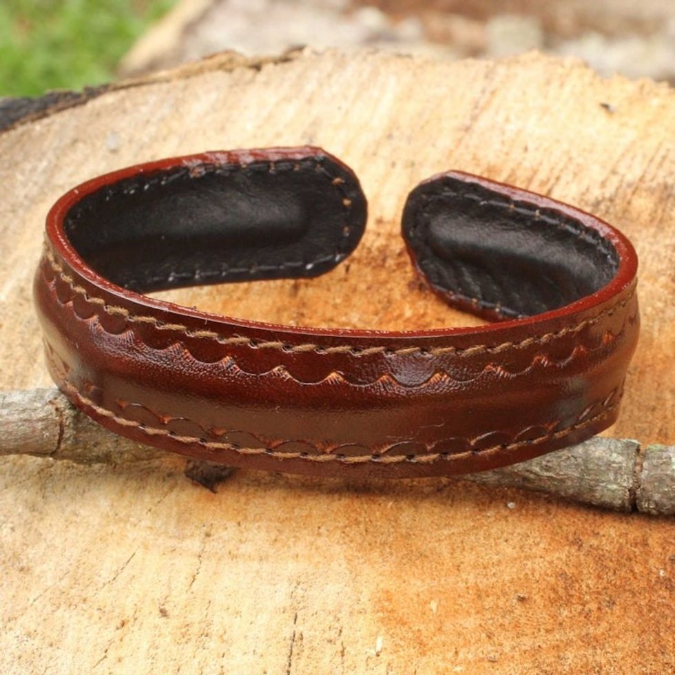 Brown Leather Cuff Bracelet for Men Hand-crafted in Thailand 'Solar Soul'