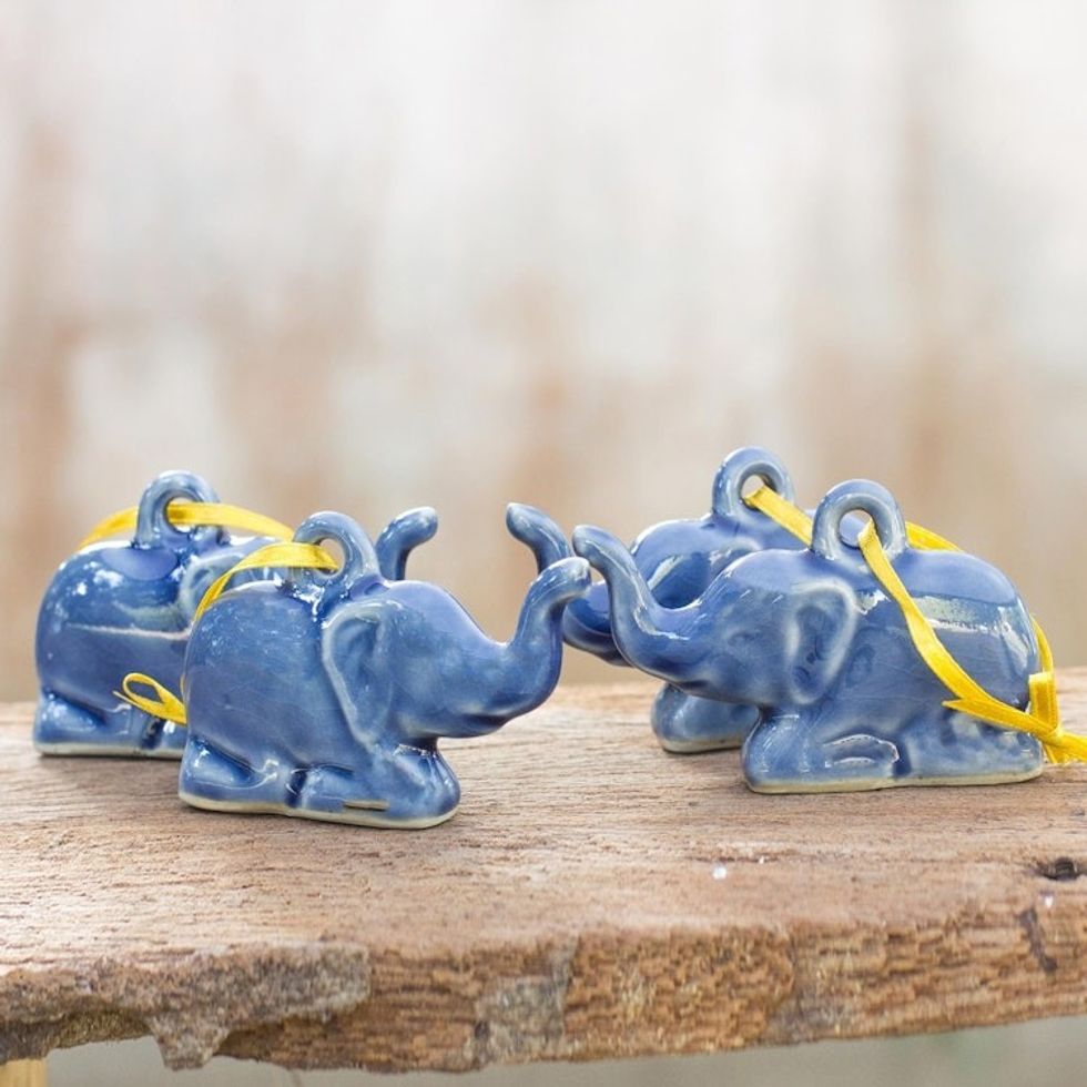 Celadon ceramic ornaments Set of 4 'Blue Holiday Elephants'