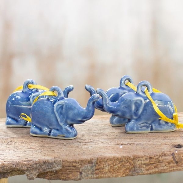 Alternate image for Celadon ceramic ornaments Set of 4 Blue Holiday Elephants