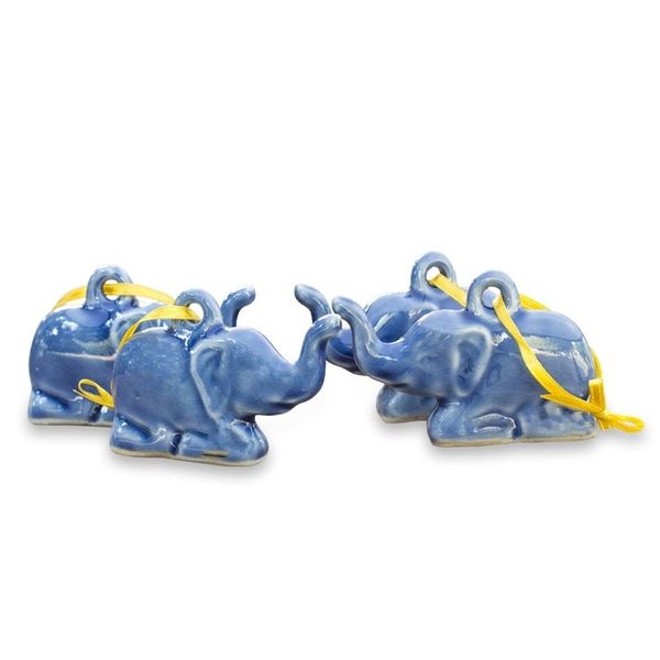 Alternate image for Celadon ceramic ornaments Set of 4 Blue Holiday Elephants