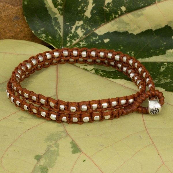 Alternate image for Silver Accents Wrap Bracelet Thai Hill Tribe Jewelry Floral Moon in Brown