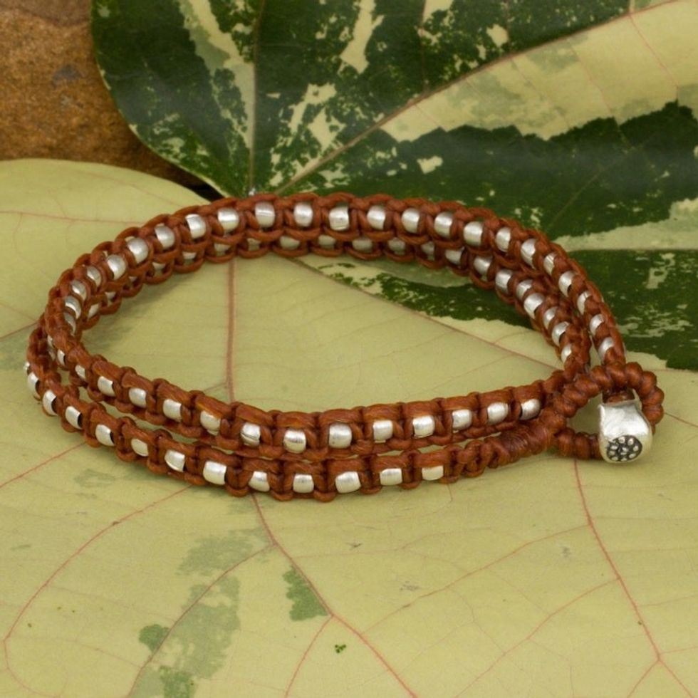 Silver Accents Wrap Bracelet Thai Hill Tribe Jewelry 'Floral Moon in Brown'
