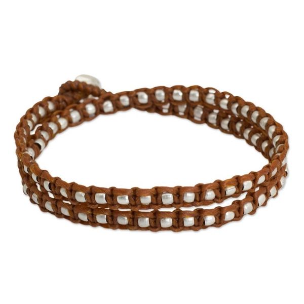 Alternate image for Silver Accents Wrap Bracelet Thai Hill Tribe Jewelry Floral Moon in Brown