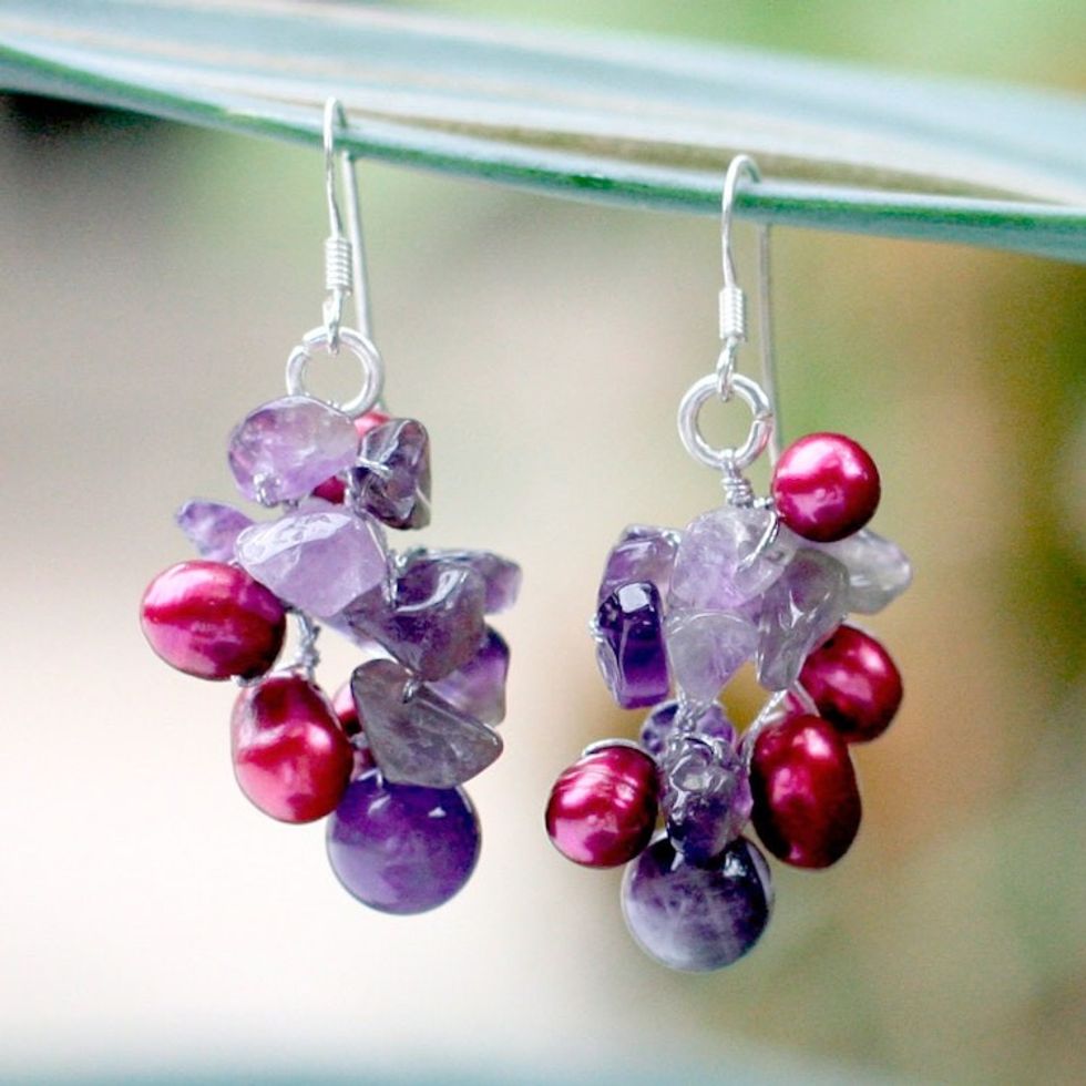 Fair Trade Amethyst and Pearl Cluster Earrings 'Jungle Orchid'