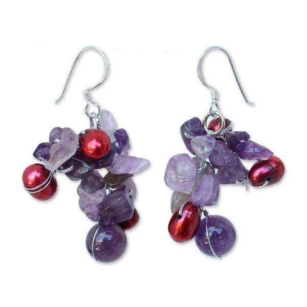 Alternate image for Fair Trade Amethyst and Pearl Cluster Earrings Jungle Orchid