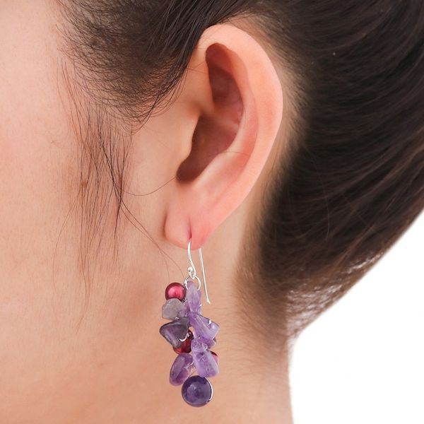 Alternate image for Fair Trade Amethyst and Pearl Cluster Earrings Jungle Orchid
