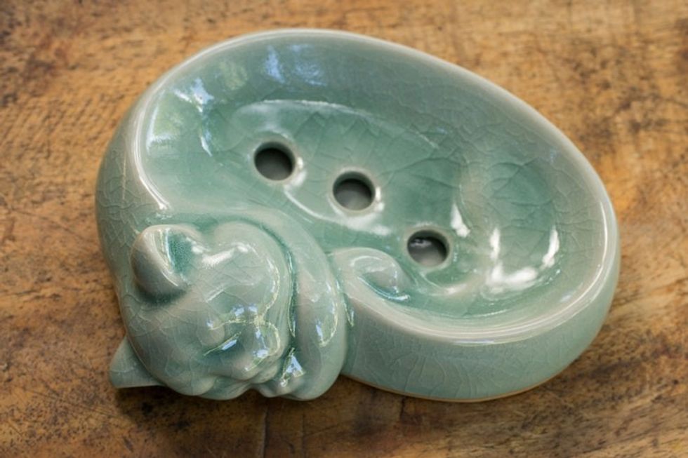 Celadon Ceramic Soap Dish Crafted by Hand in Thailand 'Light Blue Napping Kitty'