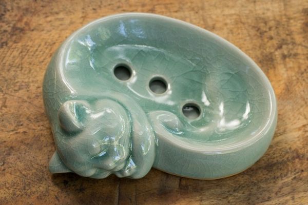 Alternate image for Celadon Ceramic Soap Dish Crafted by Hand in Thailand Light Blue Napping Kitty