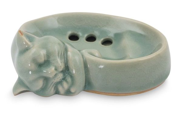 Alternate image for Celadon Ceramic Soap Dish Crafted by Hand in Thailand Light Blue Napping Kitty