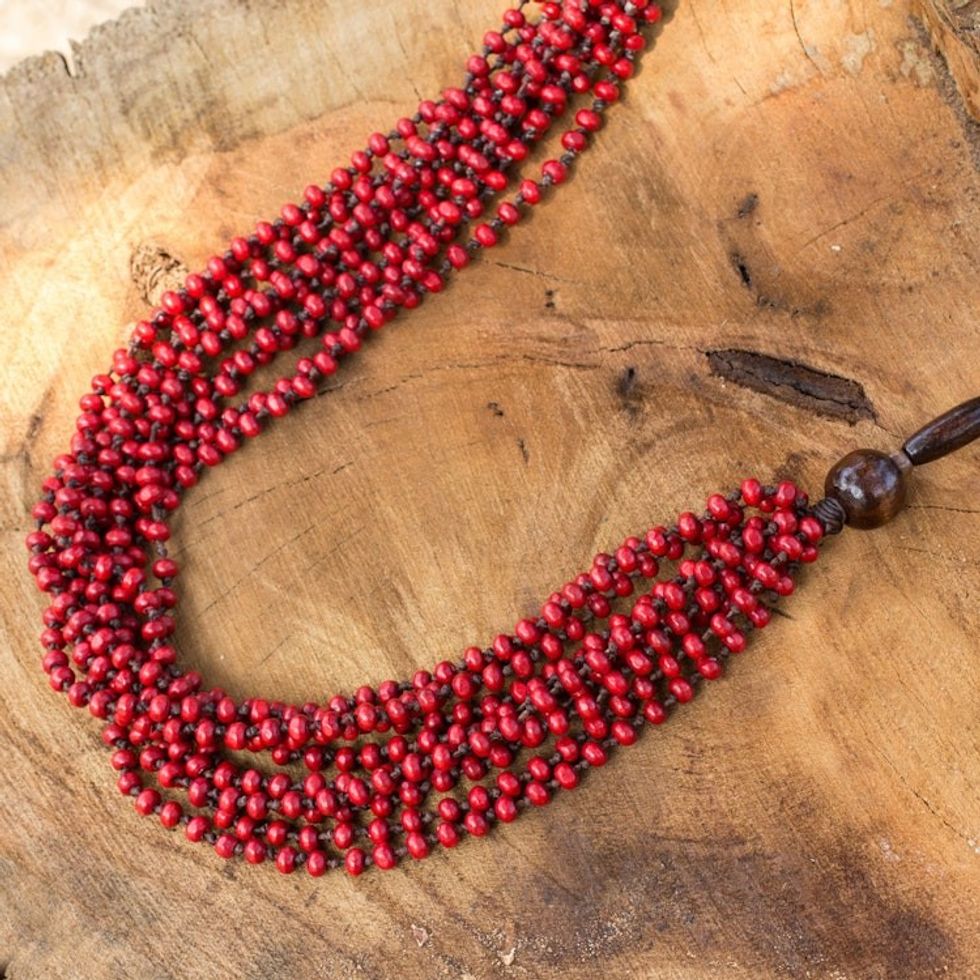 Handcrafted Wood Beaded Necklace 'Red Muse'
