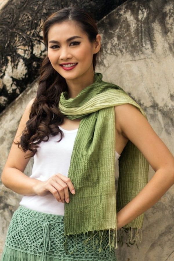 Alternate image for Thai Silk Pin Tuck Scarf Shading from Sage to Olive Olive Sage Transition