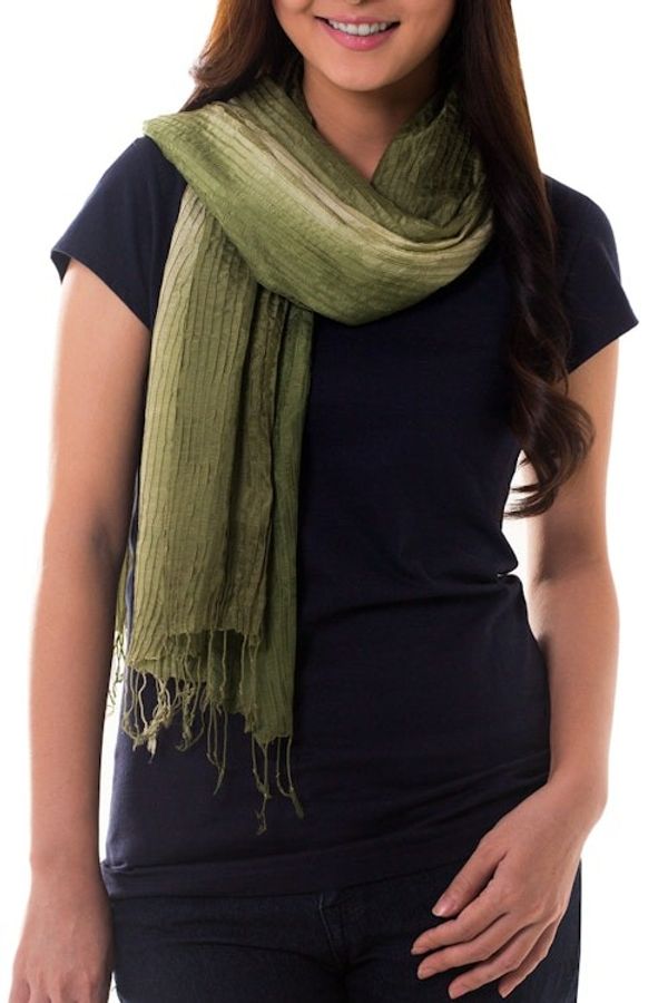 Alternate image for Thai Silk Pin Tuck Scarf Shading from Sage to Olive Olive Sage Transition
