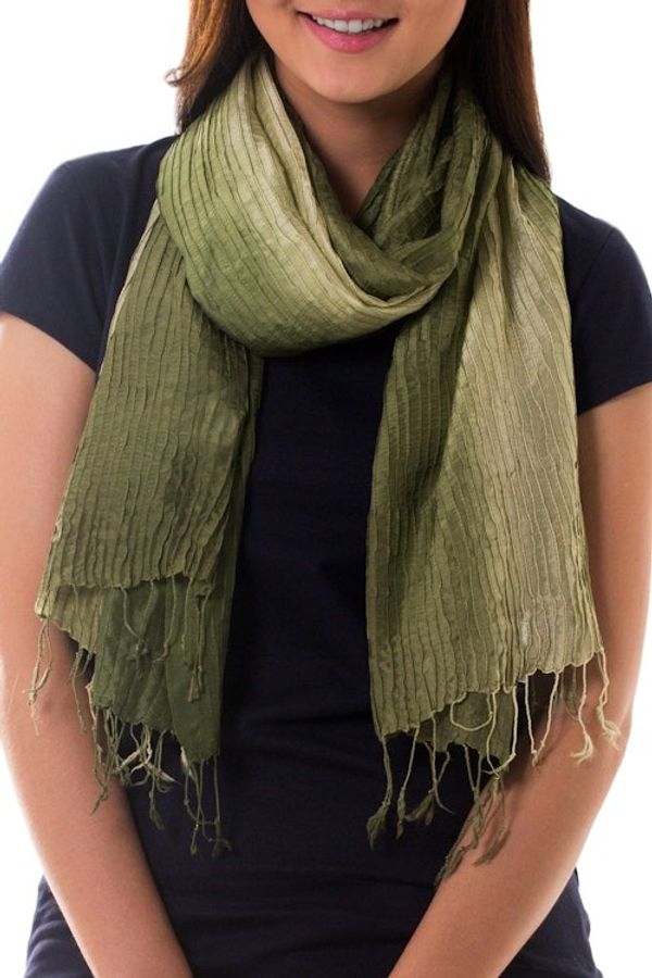 Alternate image for Thai Silk Pin Tuck Scarf Shading from Sage to Olive Olive Sage Transition