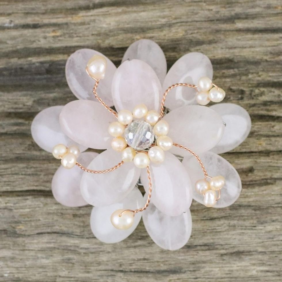Floral Rose Quartz and Pearl Brooch Pin 'Pink Azalea'