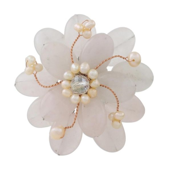 Alternate image for Floral Rose Quartz and Pearl Brooch Pin Pink Azalea